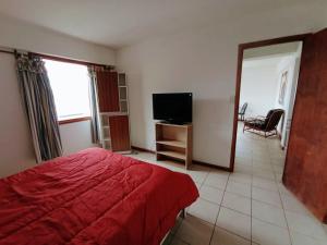 烏斯懷亞的住宿－Oshovia Mirador Martial，一间卧室配有红色的床和电视