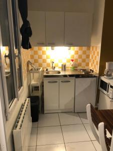 małą kuchnię ze zlewem i kuchenką w obiekcie Studio avec panorama sur la ville basse du Havre w Hawrze +10 zdjęć