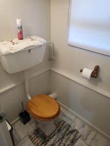 a bathroom with a toilet with a wooden seat at BARNES STREET BNB in Timaru