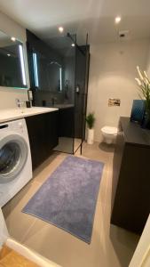Un baño con lavadora y un inodoro. en City Center (2bedroom/1bath/Balcony) Sørenga, en Oslo