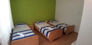 three beds in a room with green walls at Apartments with a parking space Kamenjak, Crikvenica - 18348 in Grižane