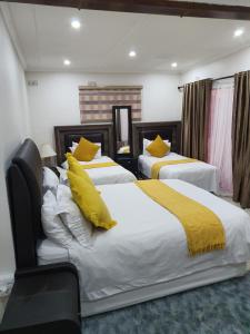 una camera con tre letti con cuscini gialli di Sunnyridge Lodge a East London