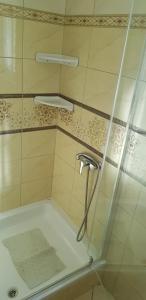 La salle de bains est pourvue d'une douche avec une porte en verre. dans l'établissement Apartments with a parking space Vir - 18407, à Vir