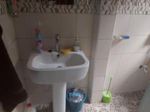 ein Bad mit einem weißen Waschbecken im Zimmer in der Unterkunft Charming House in Matugga Kampala Uganda in Matuga