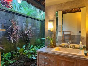 La salle de bains est pourvue d'un lavabo et d'un grand miroir. dans l'établissement Desa Kerasan 5 -Luxury 2BRV 15 mins to Ubud, à Ubud