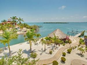 a resort with a beach with palm trees and the ocean at Placencia Pointe Townhomes #6 in Placencia Village