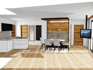 a kitchen and dining room with a table and chairs at Relax Apartments Ladis in Ladis