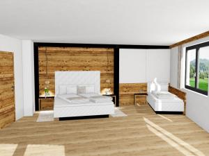 Schlafzimmer mit weißen Möbeln und Holzwänden in der Unterkunft Relax Apartments Ladis in Ladis