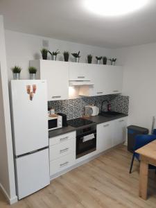 eine Küche mit weißen Schränken und einem weißen Kühlschrank in der Unterkunft WAW Pokoje Ursynów in Warschau