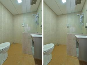 two pictures of a bathroom with a toilet and a shower at Super OYO 768 Fajar Baru Boutique Hotel in Kuala Terengganu