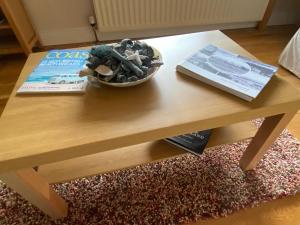 a wooden coffee table with a plant and a book at Cedar Cottage in Warrenpoint