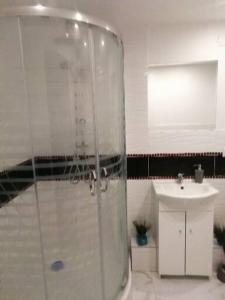 a bathroom with a glass shower and a sink at Willa Mateusza in Sandomierz