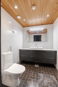 La salle de bains est pourvue de toilettes, d'un lavabo et d'un miroir. dans l'établissement Ellivuori Suite with Sauna and Balcony, à Sastamala