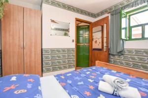 Un dormitorio con una cama azul y una puerta verde en House Vesela, en Tkon