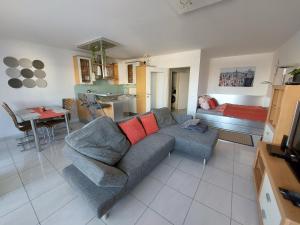 维也纳Tower Apartment with private terrace next to UNO的一间带灰色沙发的客厅和一间厨房