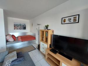 a living room with a large flat screen tv at Tower Apartment with private terrace next to UNO in Vienna