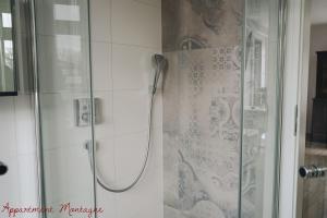 y baño con ducha y puerta de cristal. en Apartements Zum Roten Lamm, en Bad Krozingen