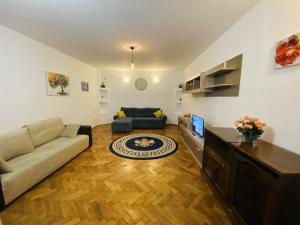 uma sala de estar com um sofá e uma televisão em Apartment Werkstatt Castelului em Braşov