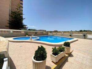 - une piscine avec trois plantes en pot à côté d'un bâtiment dans l'établissement Cozy Apartment Urb. Drac, à El Campello