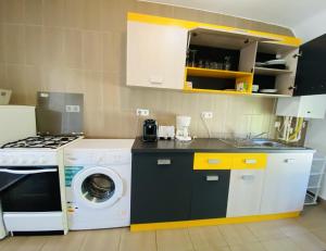 a kitchen with a washing machine and a washer at Stay in Blaj feel like home in Blaj