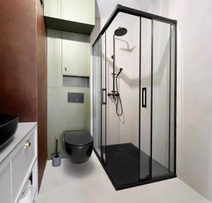 La salle de bains est pourvue d'une douche en verre et de toilettes. dans l'établissement Apartament Hansa Klossa, à Olsztyn