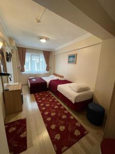 イスタンブールにあるアモーレ ホテル イスタンブールのベッド2台とラグ付きのホテルルームです。