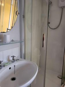 a bathroom with a sink and a shower at Bryn Pistyll 2 bedrooms Bethesda in Llanllechid