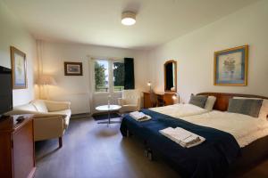 斯坎訥堡的住宿－斯堪德伯豪斯酒店，一间卧室配有一张大床和椅子