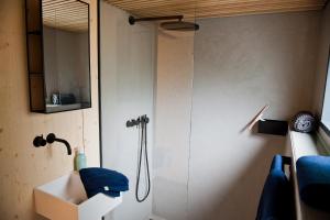 a bathroom with a shower and a sink at Tiny House Pioneer 5 - Green Tiny Village Harz in Osterode +35 photos