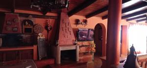 sala de estar con TV y chimenea en Chalet Rustico, en Sessa Aurunca