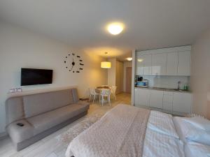 a bedroom with a bed and a couch and a kitchen at Apartament Czarna Góra ISCHGL 18 in Sienna