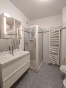a bathroom with a shower and a sink and a toilet at Appartamento La Fisarmonica Recanati in Recanati