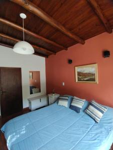 a large blue bed in a bedroom with red walls at CampoMora- 5 min del Centro - CONFORT - Parrilla & Pileta in San Salvador de Jujuy +15 photos