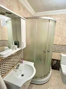 uma casa de banho com um chuveiro, um lavatório e um espelho. em Halic Apart Hotel em Yalova