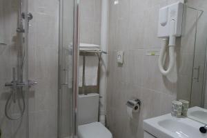 a bathroom with a shower and a toilet and a sink at Logis Hôtel Emeraude in Confolens