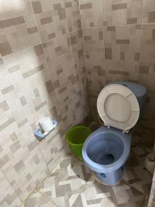 a bathroom with a blue toilet and a green basket at Flor de la selva in Puerto Nariño