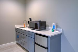 uma cozinha com um balcão com um micro-ondas e um lavatório em HS#2- Modern Studio next to Premier Sports Complex em Bradenton