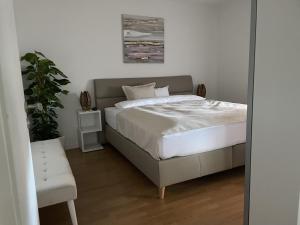 um quarto com uma cama e um vaso de plantas em Hopfenglück em Tettnang