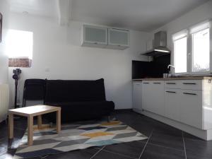 L'étonnante في Margny-lès-Compiègne: غرفة معيشة مع أريكة سوداء ومطبخ