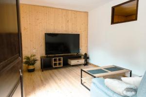 sala de estar con TV de pantalla plana en la pared en El Molí - Apartament Torreneules, en Ribes de Freser