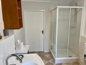 La salle de bains est pourvue d'une douche et d'un lavabo. dans l'établissement Town meets Country, à Birkenwerder