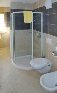 a bathroom with a shower and a toilet and a sink at A Sosta in Selva di Val Gardena