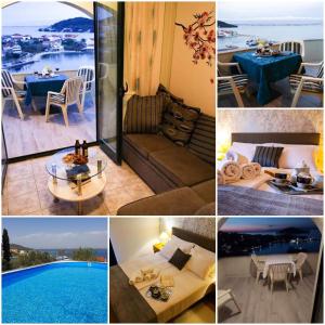 a collage of photos of a hotel room with a pool at Booking Franov Residence on island Ugljan with the pool, BBQ and beautiful sea-view! in Kali