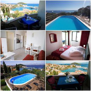 a collage of photos of a hotel with a swimming pool at Booking Franov Residence on island Ugljan with the pool, BBQ and beautiful sea-view! in Kali