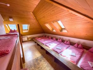 einen Blick über ein Zimmer mit rosa Kissen in der Unterkunft Berggasthaus Tannalp in Frutt