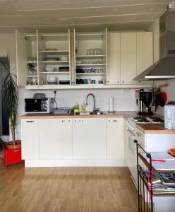 a kitchen with white cabinets and a sink at Guest House Svetlana in Hella