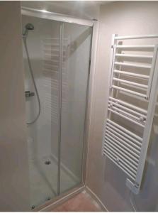 W łazience znajduje się prysznic ze szklanymi drzwiami. w obiekcie Une pause au vert'gnate w mieście Le Breuil-sur-Couze