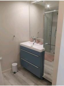 baño con lavabo y espejo grande en Une pause au vert'gnate en Le Breuil-sur-Couze