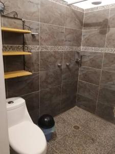 y baño con aseo y ducha de azulejos. en Casa Maribel Lugar para descansar en ixtapa en Ixtapa