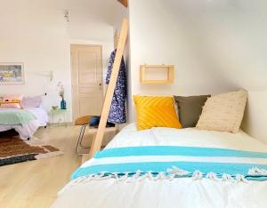 um quarto com uma cama com almofadas coloridas em Coeur de Sologne, la Loire et les châteaux. em Dhuizon